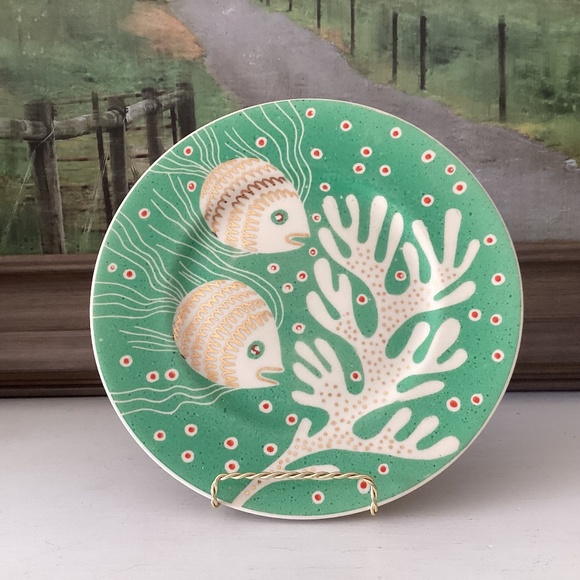 Vintage Large Waylande Gregory Plate Hand Painted Fish Gold Green Art Deco Rear - Picture 1 of 13
